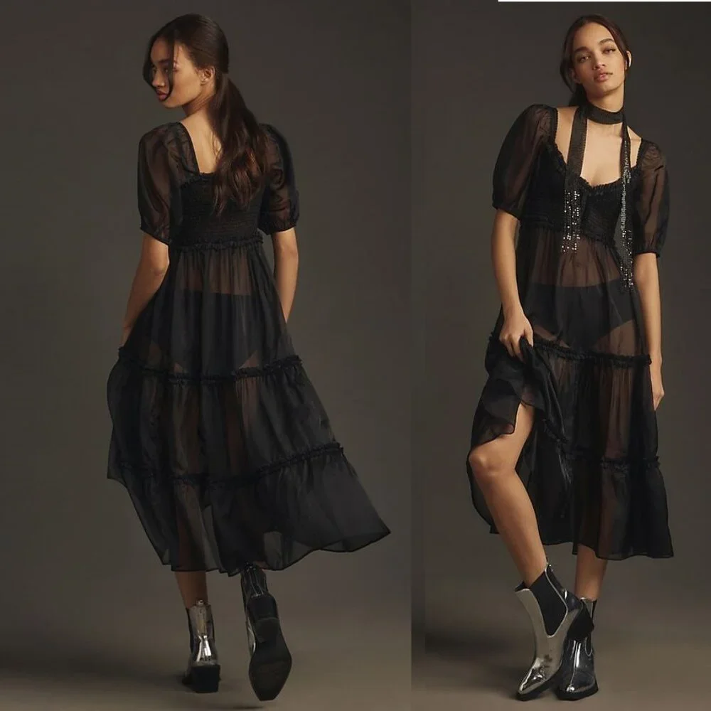 By Anthropologie Short-Sleeve Sheer Tiered Midi Dress size M new black color nwt